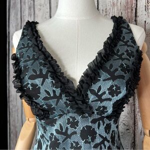 Nicole Miller New York Floral Embroidered Fitted Ruffled Cocktail Evening Dress